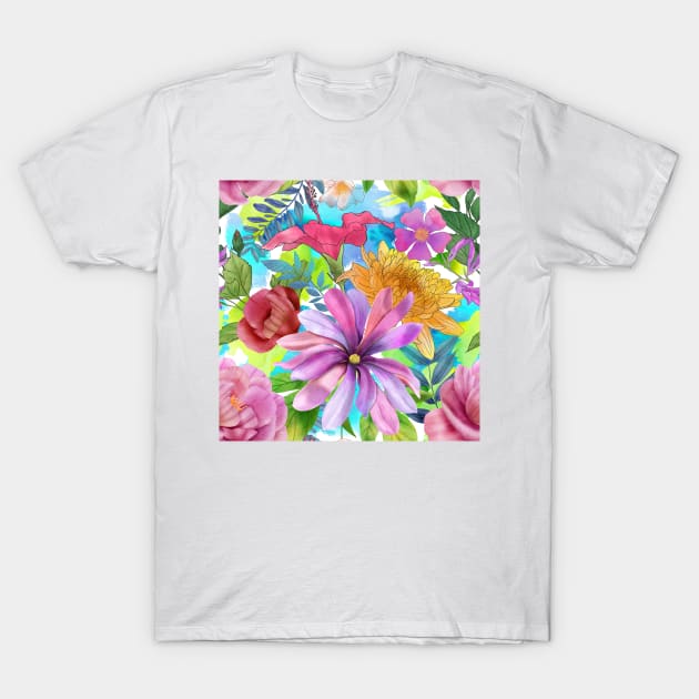 Tropical flowers watercolor print. Hibiscus, Peony, Star Magnolia, Chrysanthemum flowers. Colorful summer jungle T-Shirt by likapix